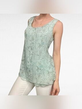 Carla Conte Light Sage Mint Paisley Print Layered Cottagecore Silk Blouse